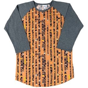 Lularoe size large orange tribal design, grey 3/4 sleeves & collar, curved hem